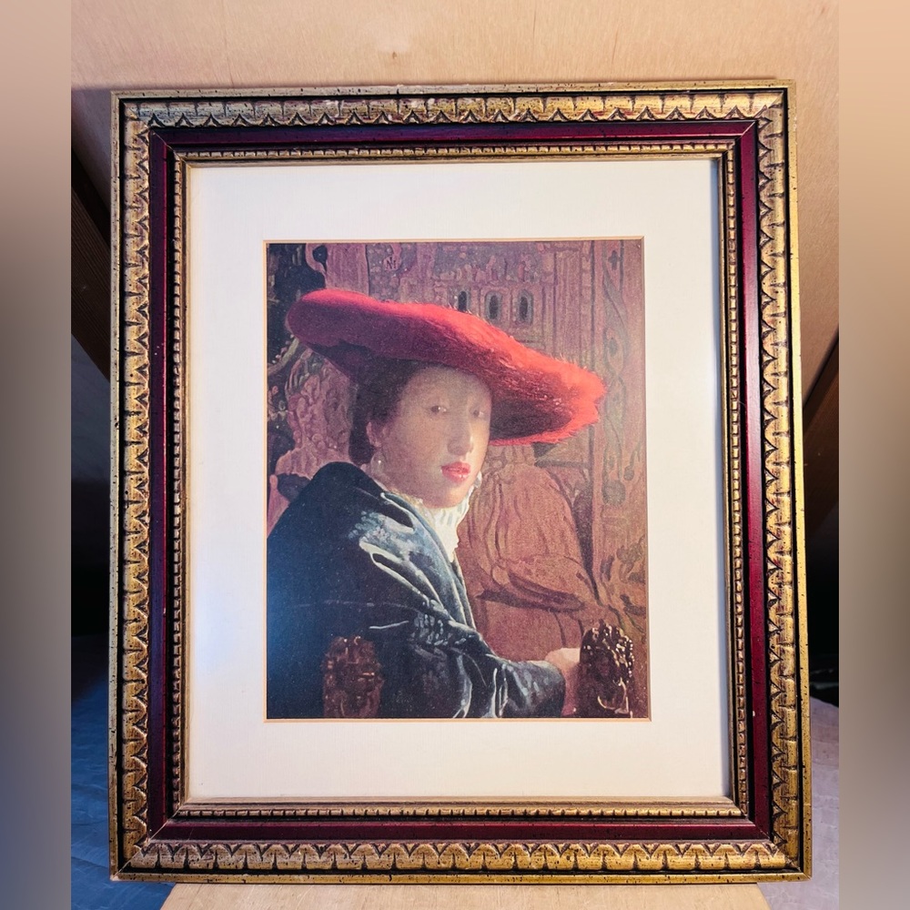 Vintage 1970s Framed Johannes Vermeer Print. Girl With A Red Hat